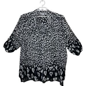 SUSAN GRAVER Black White Semi Sheer Animal Print Tunic Blouse Ruched Sleeve 26W‎